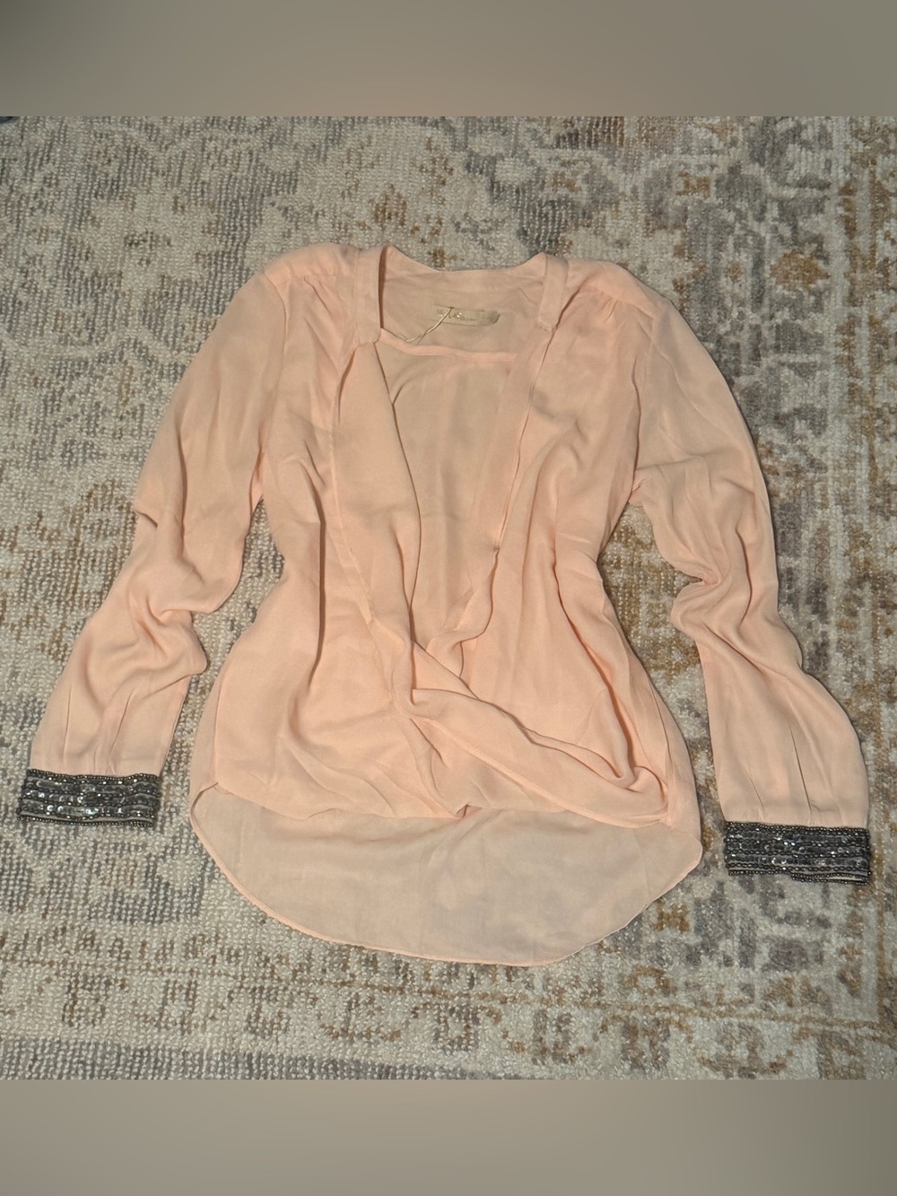 Peach Beaded-Cuff Draped V-Neck Blouse — Women's Top